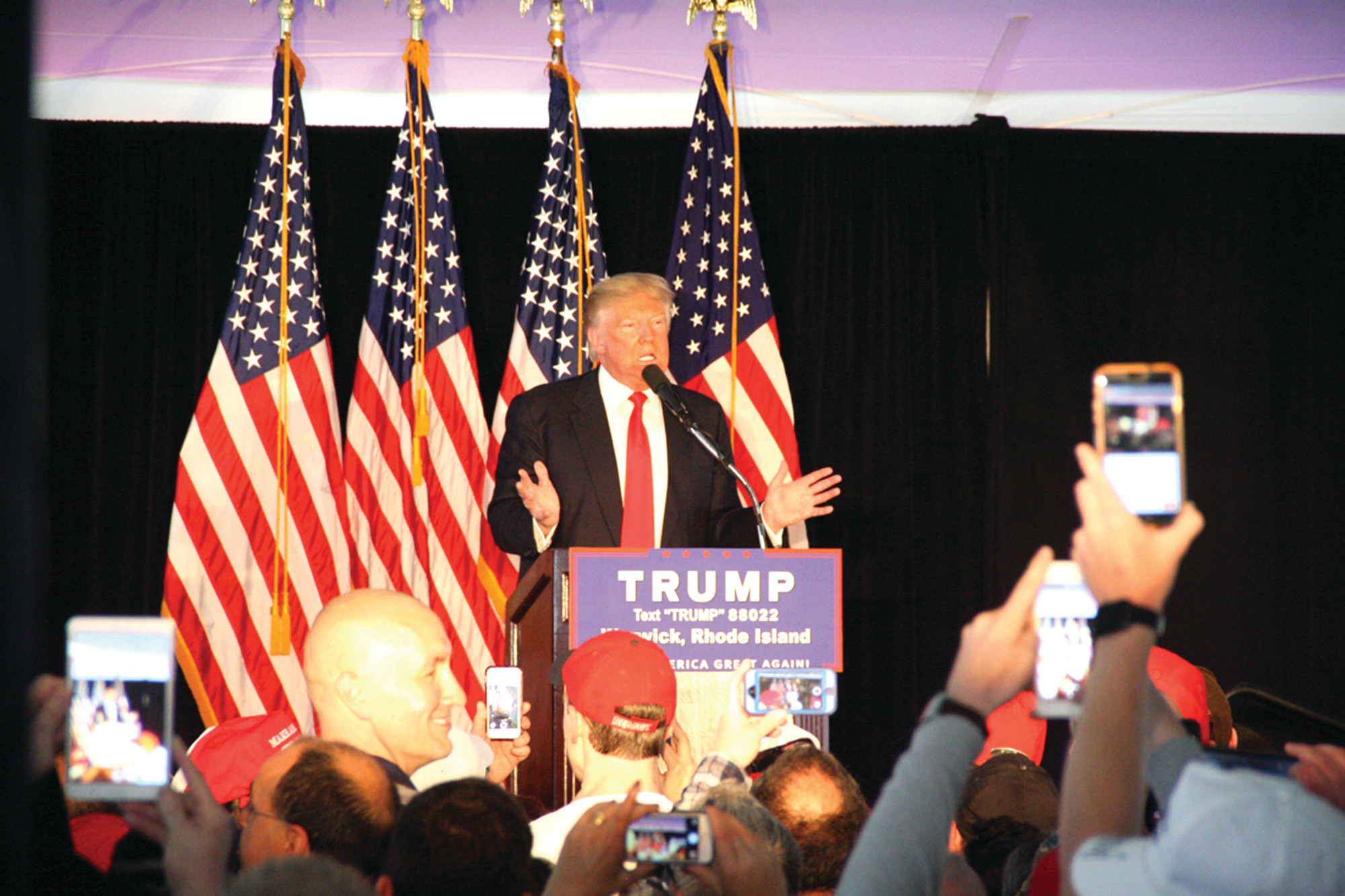 ‘BOSS’ APPEAL: In this file photo, Donald Trump speaks to supporters during an April 2016 campaign stop in Warwick. The authors of “Trump’s Democrats” believe Trump’s appeal in communities like Johnston may be tied to the tradition of machine politics, led by a “boss” at the top.