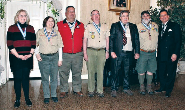 SUPER SCOUTS: Johnston’s David Curtin, fourth from left, is joined by his fellow Silver Beaver Award recipients and television news anchor Mike Montecalvo, right, during the Narragansett Council’s annual Meeting/Recognition Dinner. The group includes Patty Gomm, Marcia Kenyon, Chris Bianco, David Knox and Matt Lang.