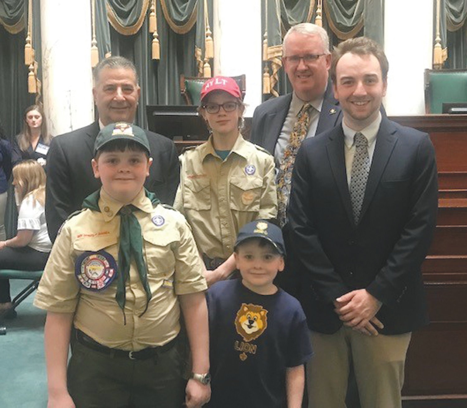 SCOUTS HONORED: Pictured during the Report to State gathering at the State House are, back row from left, Sen. Frank Lombardo, Connor Malone and Scout Executive and CEO Tim McCandless; and front row from left, Jude Ladino, Jesse Ladino and Matt Goudreau, Northwest district executive.