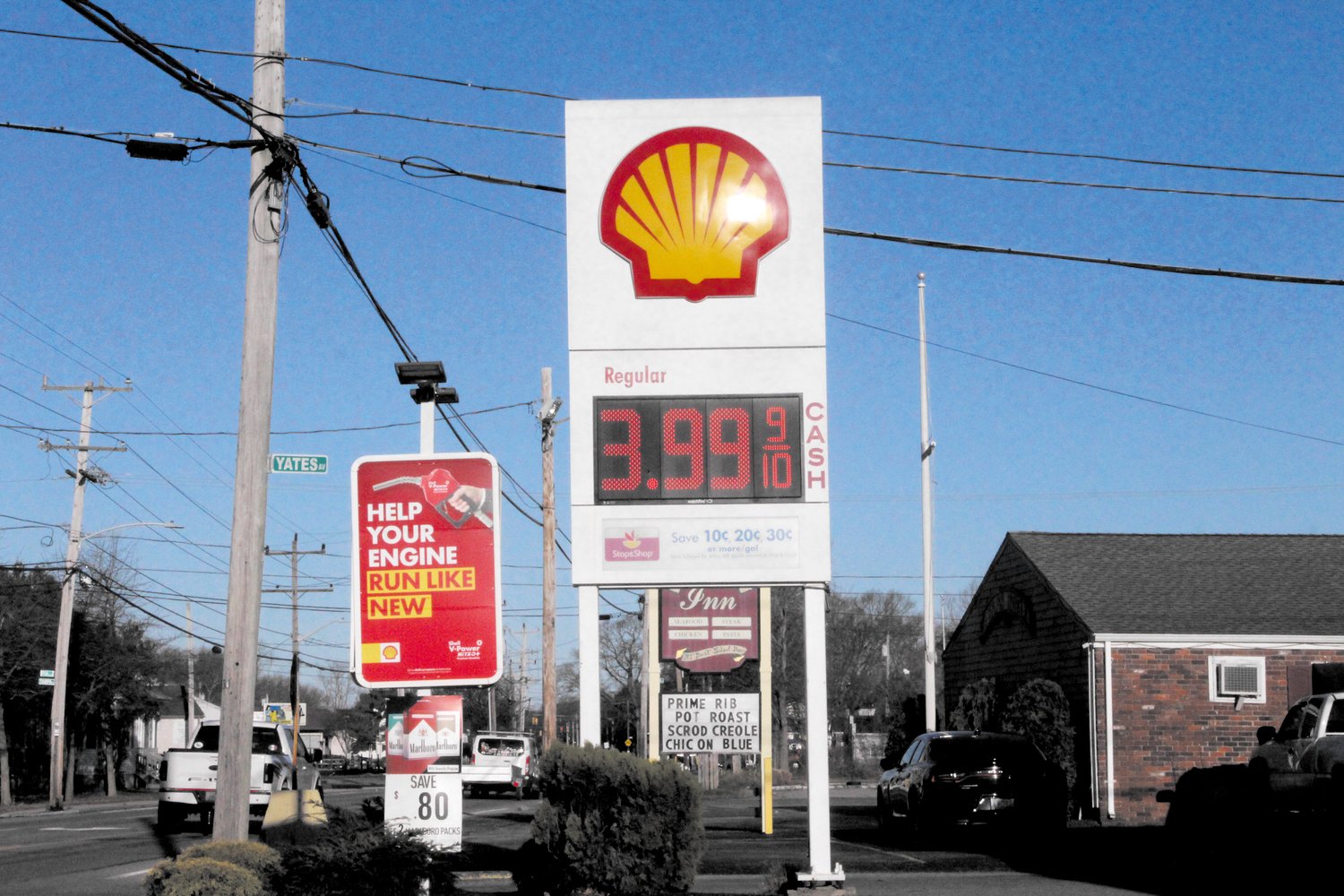 UNDER THE $4 BARRIER: Gasoline prices dipped under $4 a gallon this Tuesday at some stations including this Shell station on West Shore Road in Warwick. (Beacon Communications photo)