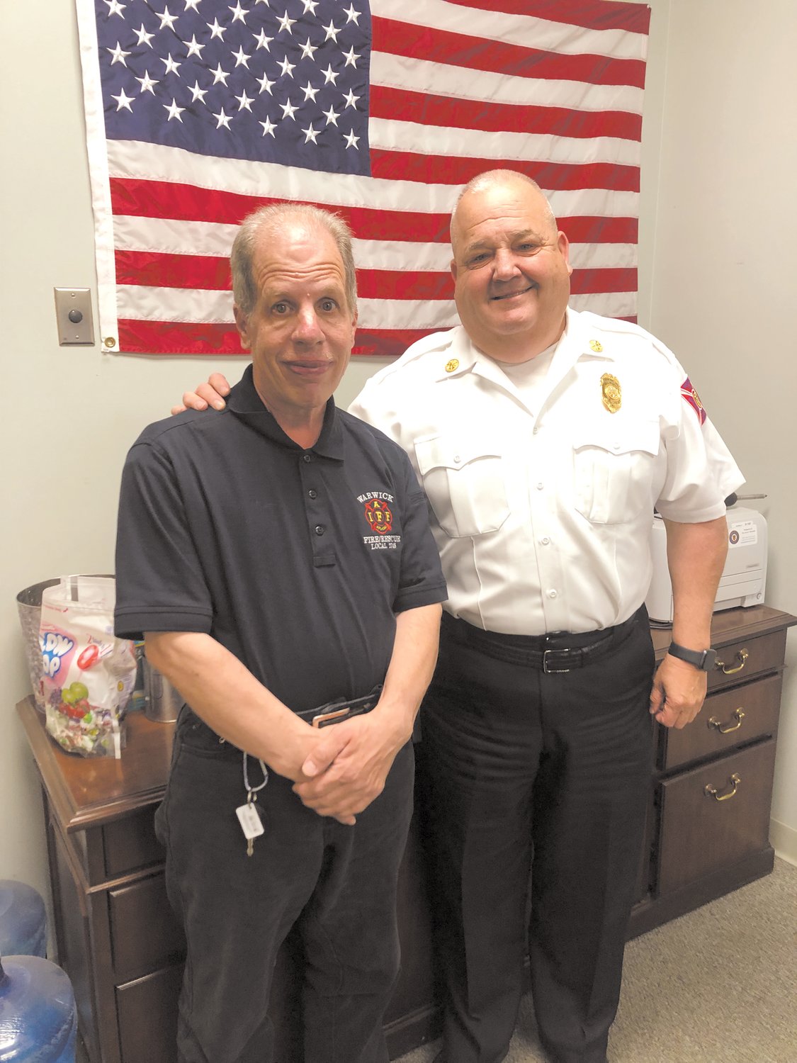 COBBY AND VINNY: Assistant Fire Chief Brian Cobb and Vincent Edward Sperduti who has been doing what he can as a volunteer at the Warwick Fire Department for the past 40 years.