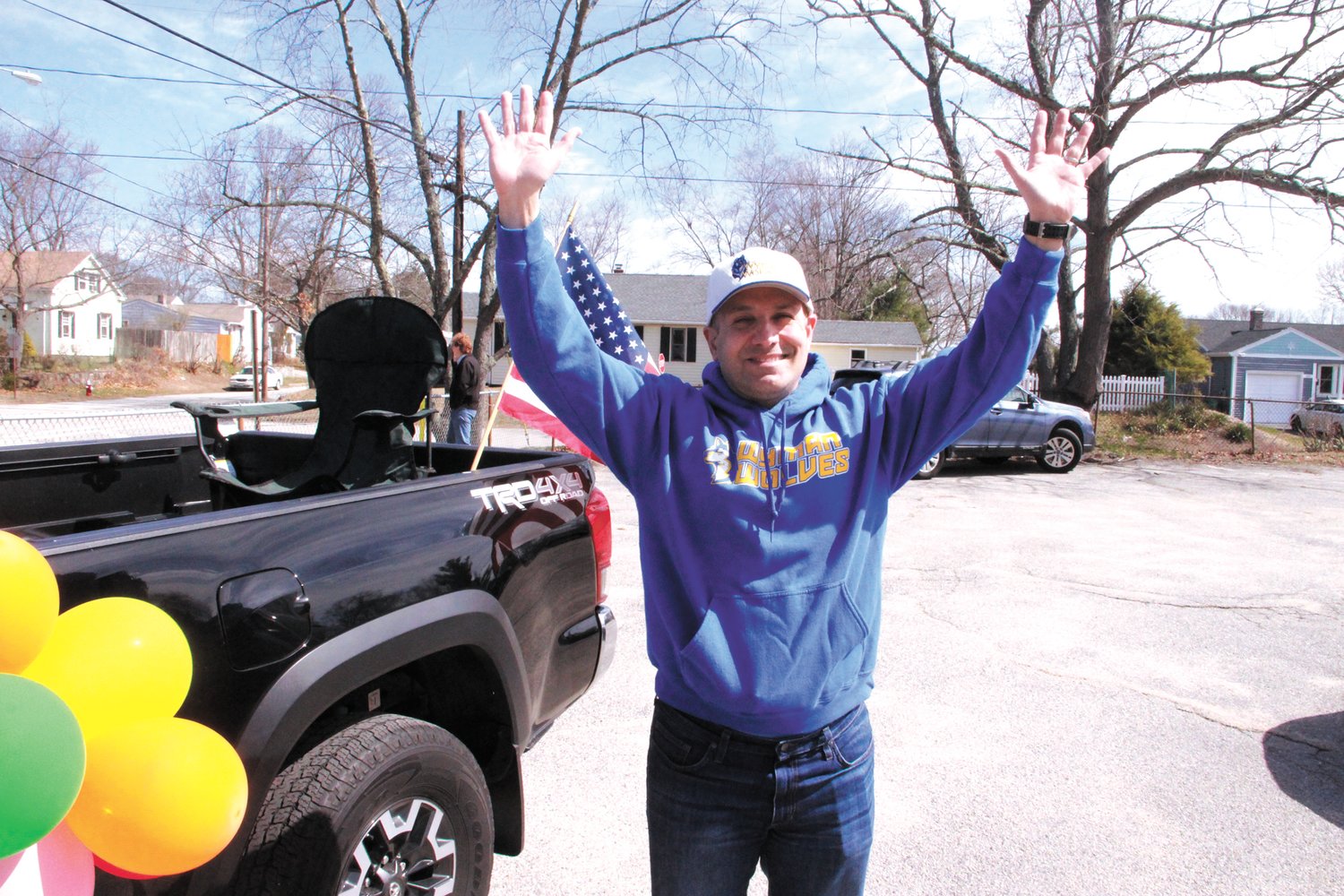 RECOMMENDING TERMINATION: Superintendent Lynn Dambruch announced last week that she is recommending to the Warwick School Committee the termination of Wyman Elementary School Principal Ronald Celio. Celio is pictured in 2020 during a drive  by celebration for Wyman Elementary School students while school was held remotely.  (Beacon file photo)