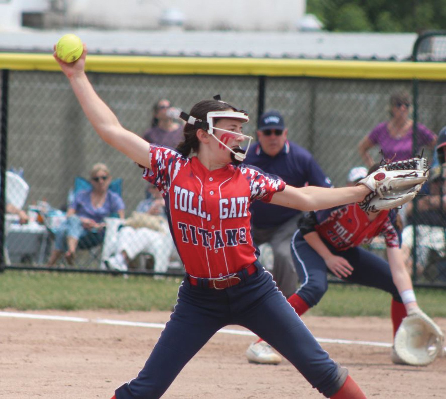 GET READY FOR A PITCH: Toll Gate pitcher Katie Motta delivers on Friday’s game against Mt. Hope. (Warwick Beacon photo).