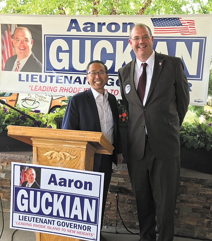 IN THE RACE: Aaron Guckian and former Cranston mayor and candidate for the 2nd Congressional District as pictured Tuesday at Brewed Awakenings on Bald Hill Road where Guckian announced he is running as a Republican for lieutenant governor. (Submitted photo)