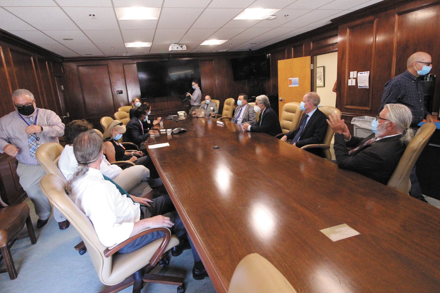 TABLE TALK: Prior to a tour of Kent Hospital, Speaker Shekarchi met with CNE and union leaders at the Kent board room.