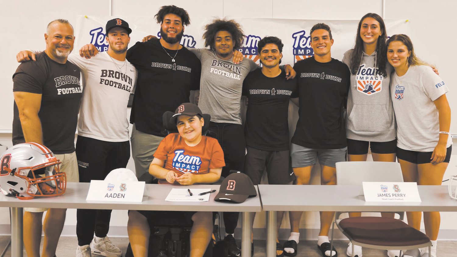 HE’S A BEAR: 13-year-old Aaden Bessette of Warwick signs on with the Brown Football team through Team Impact. (Submitted photo)
