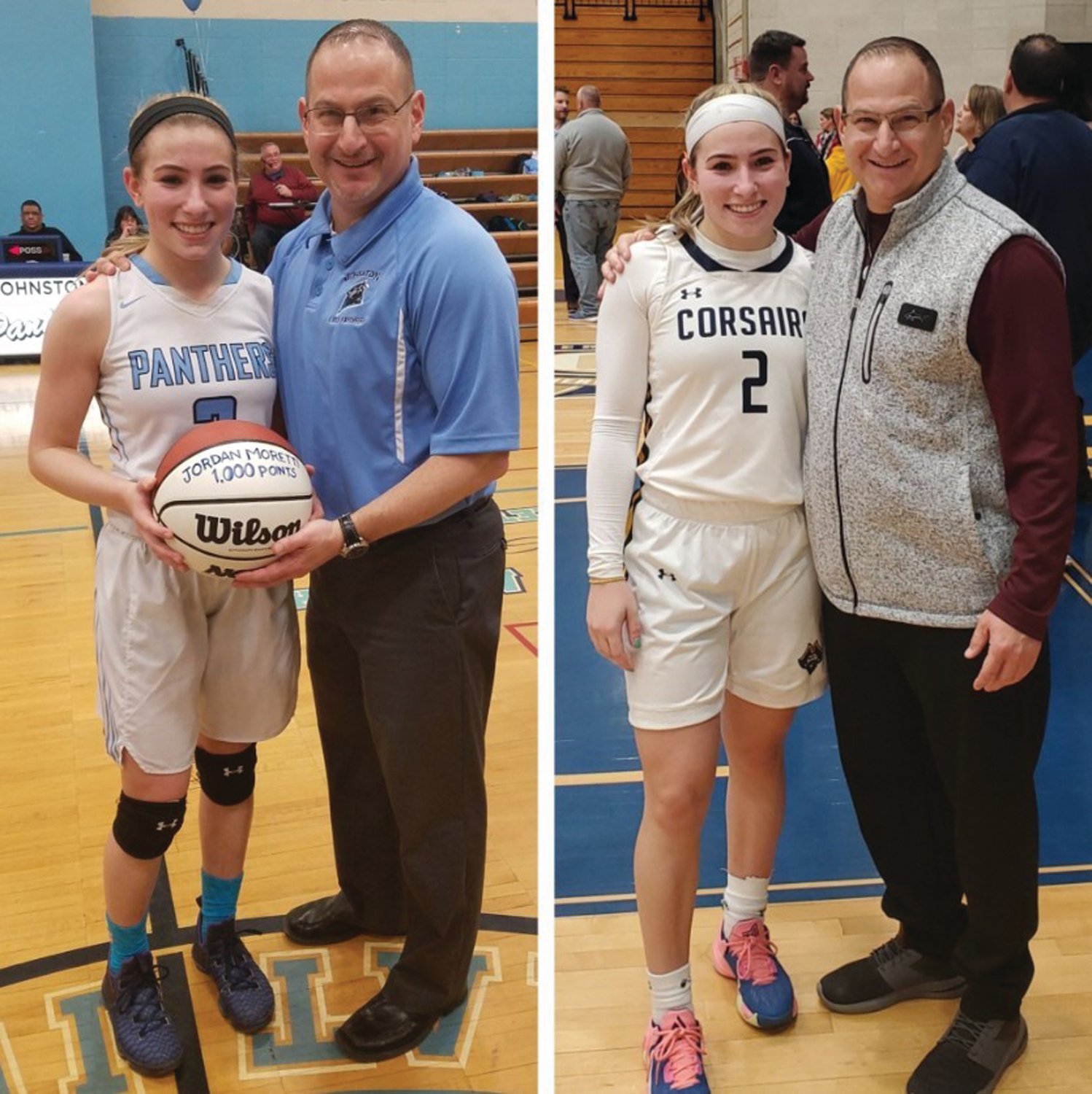 THEN AND NOW: Johnston native and UMass-Dartmouth guard Jordan Moretti recently scored her 1,000th college point in the team’s season opener. She also scored 1,000 points while playing for Johnston High School. Joining her at left is her former coach Chris Corsinetti. (Submitted photo)