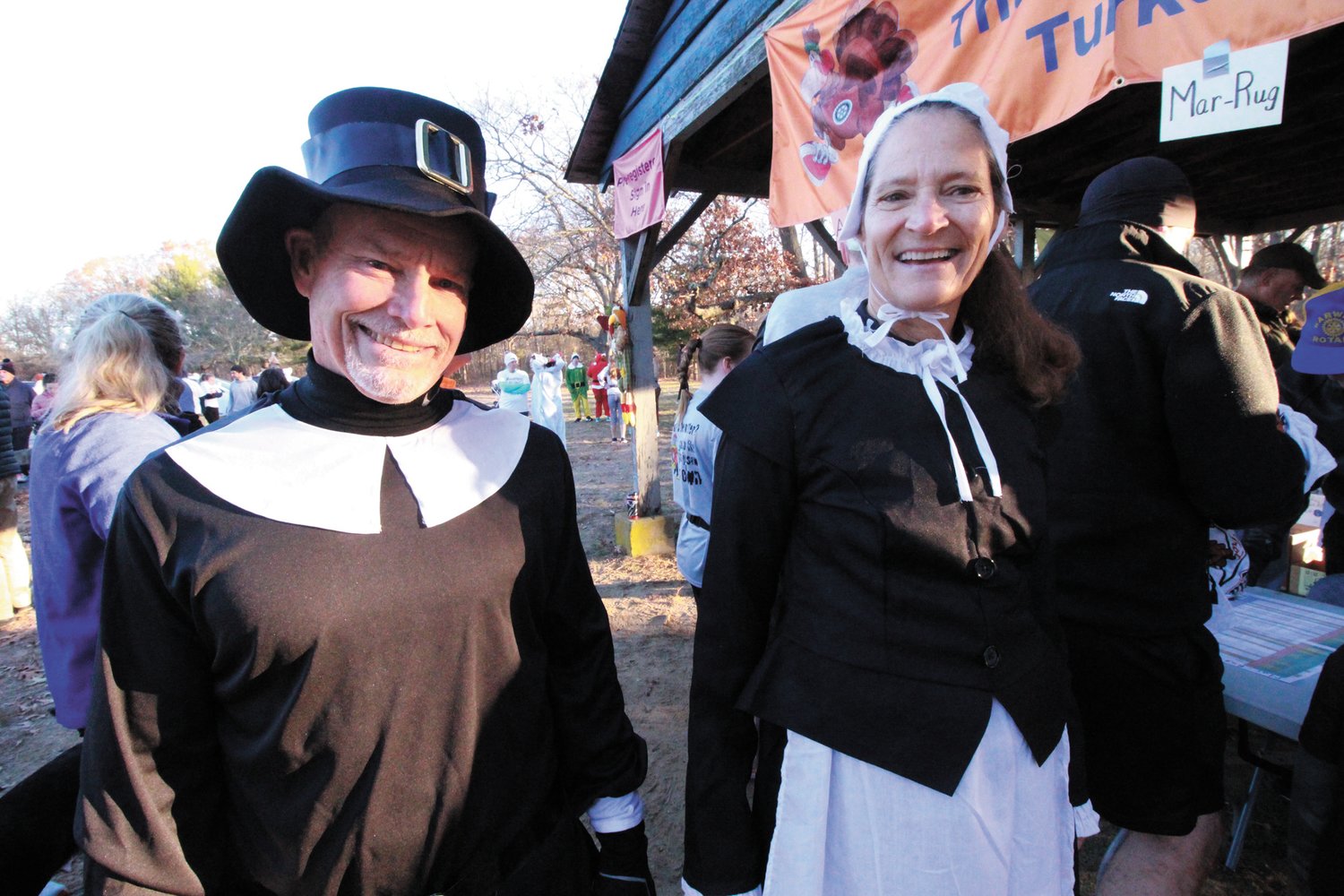 PILGRIM TROTTERS: James and Susan Morgan came appropriately clad for the Thanksgiving 5K.