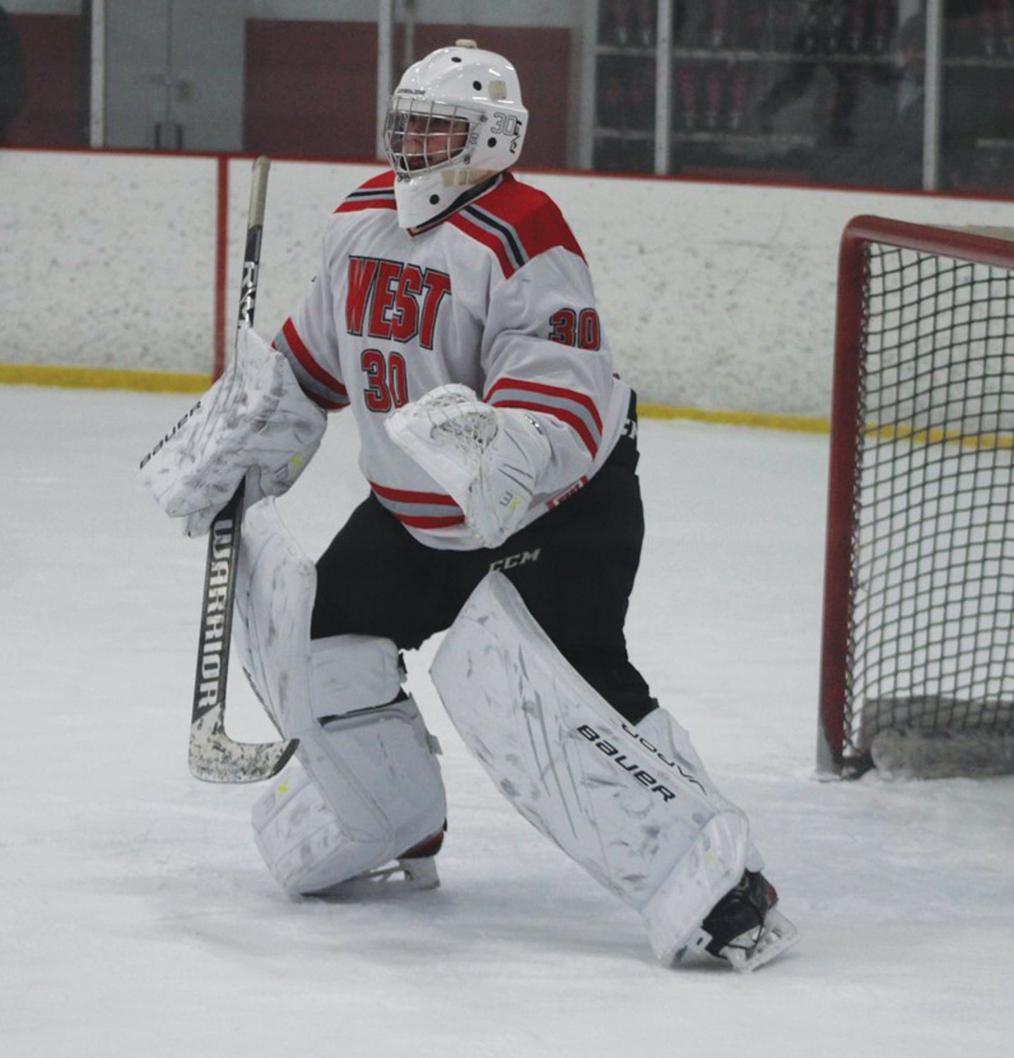 IN NET: Goalie Jaedon Case gets set to make a play in the net.