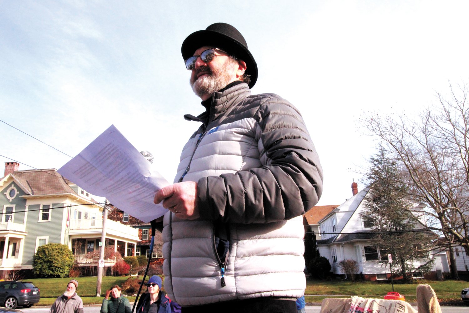 A NOTE FROM THE FILMMAKER: David Goldenberg, who formed the idea for the sculpture and created a supplementary film, spoke at the Dec. 4 unveiling. (Herald photo)
