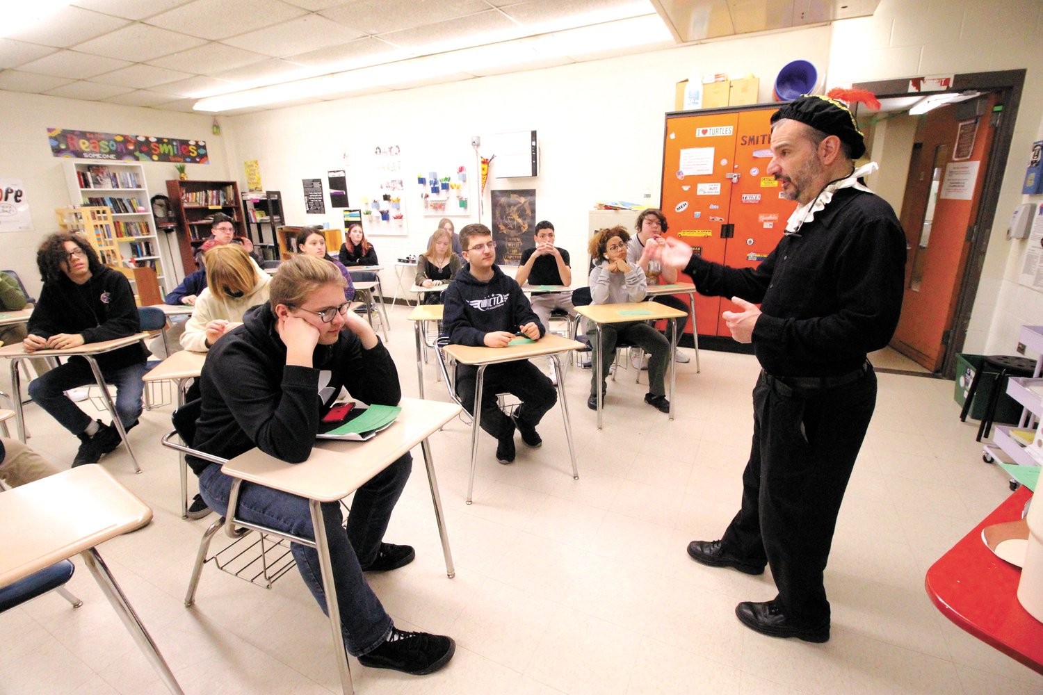 Steve Belanger, who played Shakespeare, and challenged students to stump him.
