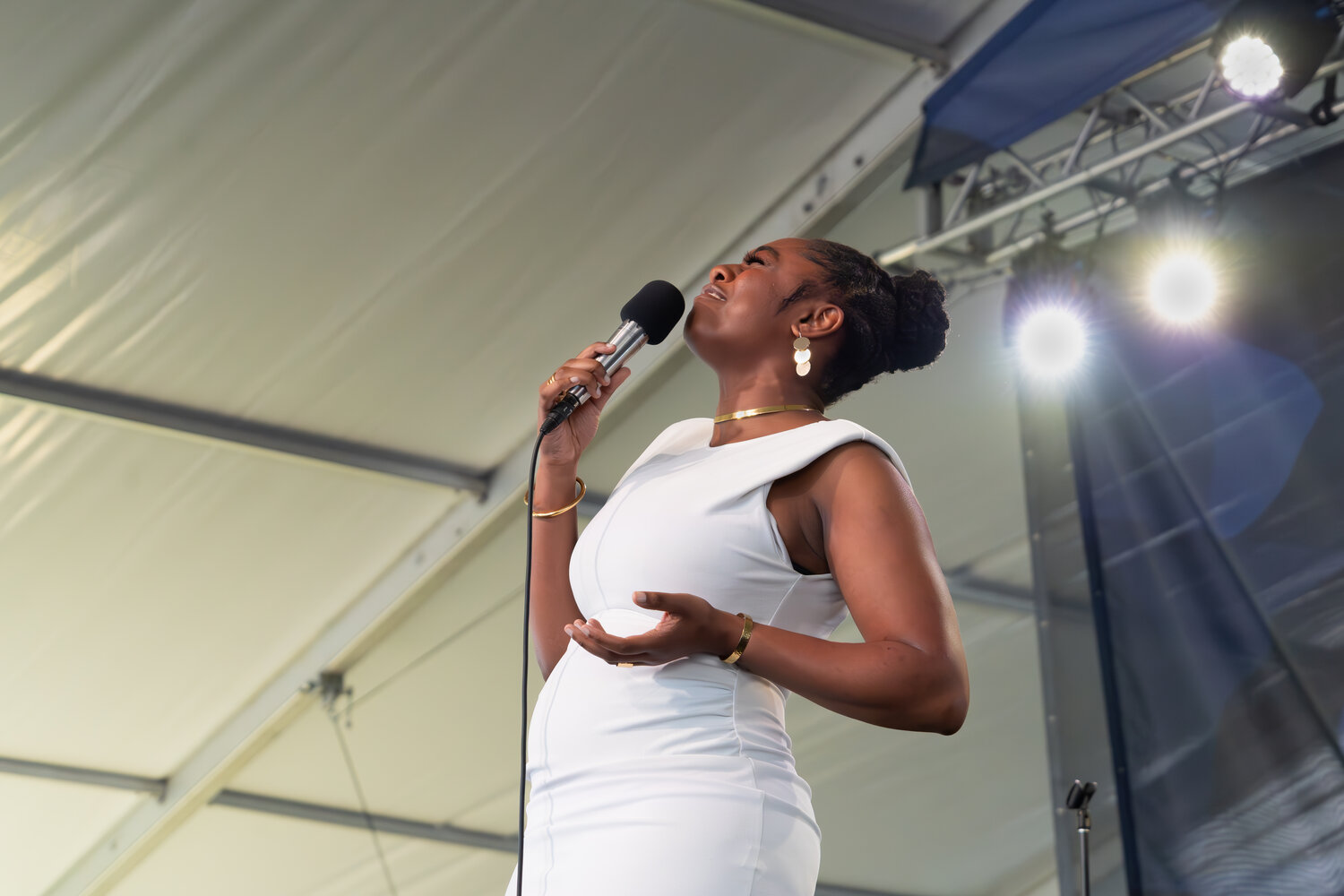 Samara Joy, who stunned the jazz scene with her transformative tracks, sings for a packed tent at the Newport Jazz Festival on Sunday, August 6.
