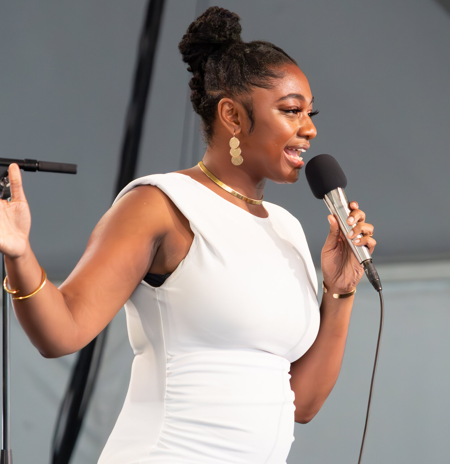Samara Joy connects with the crowd at the Newport Jazz Festival during her set on the Quad stage on August 6. During her set, she sang jazz standards including If You Never Fall in Love with Me, Stardust, and Linger Awhile.