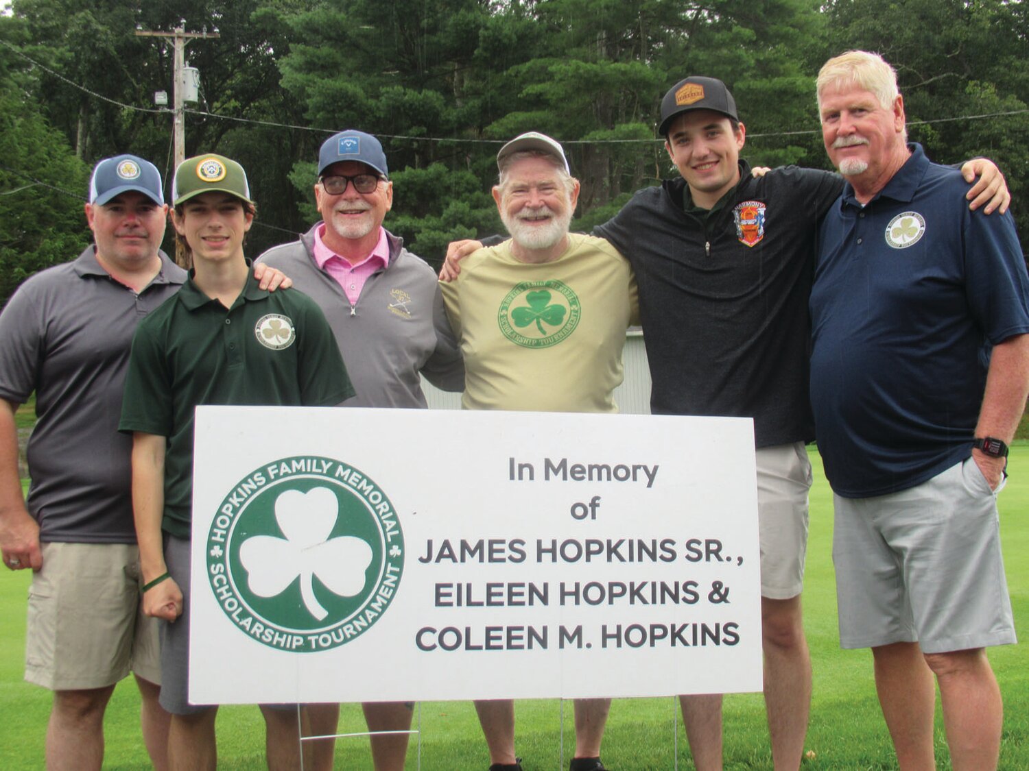 TERRIFIC TRIBUTE: Among those members of the Hopkins family who hosted the 11th annual memorial scholarship golf tournament, at Glocester Country Club are Scott, Shawn, Joe, Jim, Shane and Chris Hopkins.